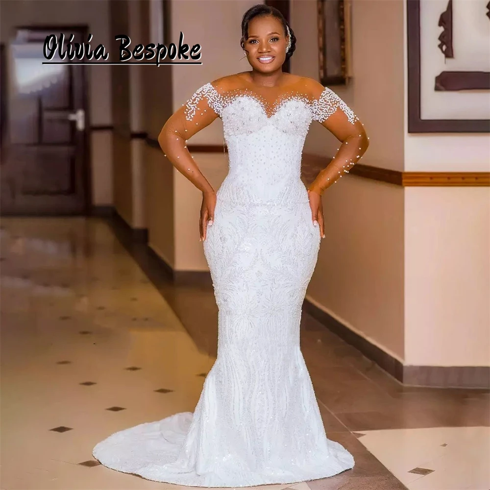 

2025 Aso Ebi Long Mermaid Wedding Dress For Brides Long Sleeves Beads Crystal African Bridal Gowns robe de mariée Customized