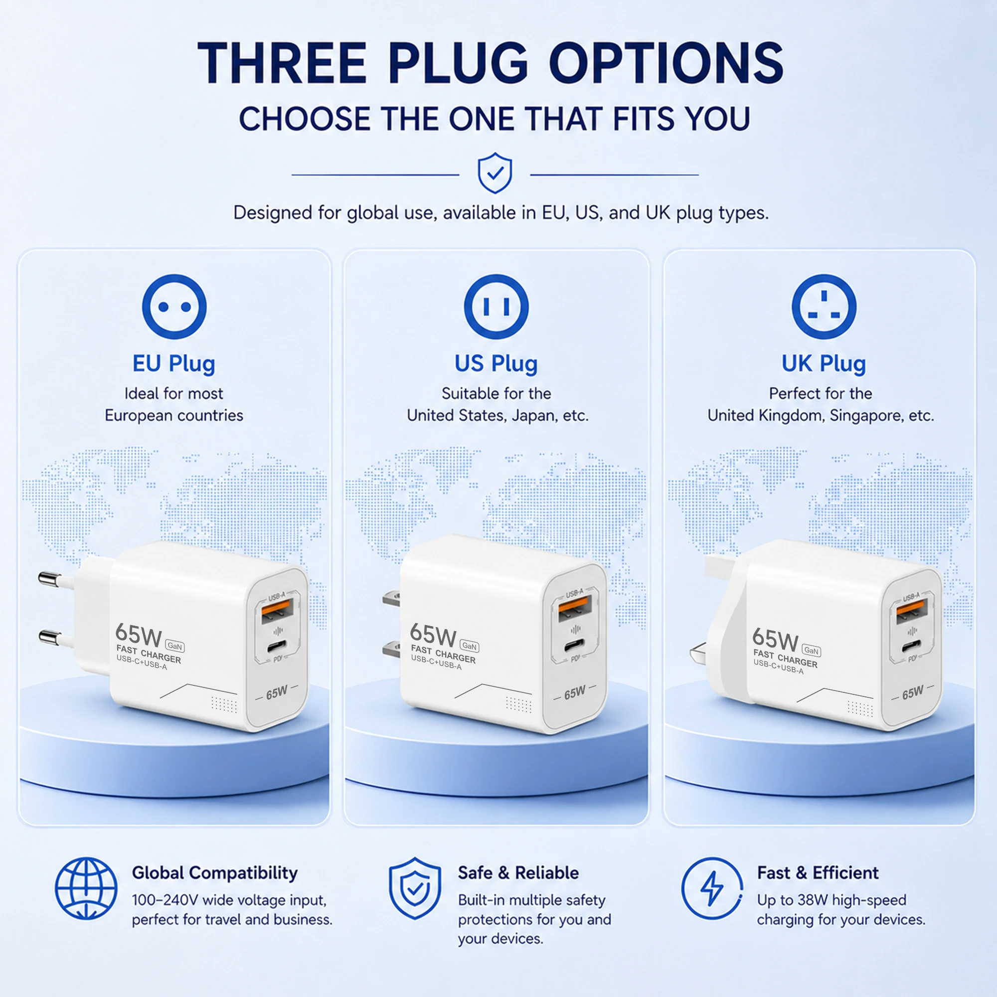 65W GaN Charger USB-A Type-C 2-Port Super Fast Charging Phone Charger EU/US Plug Wall Charger 10A Cable For iPhone Huawei Xiaomi - view 5