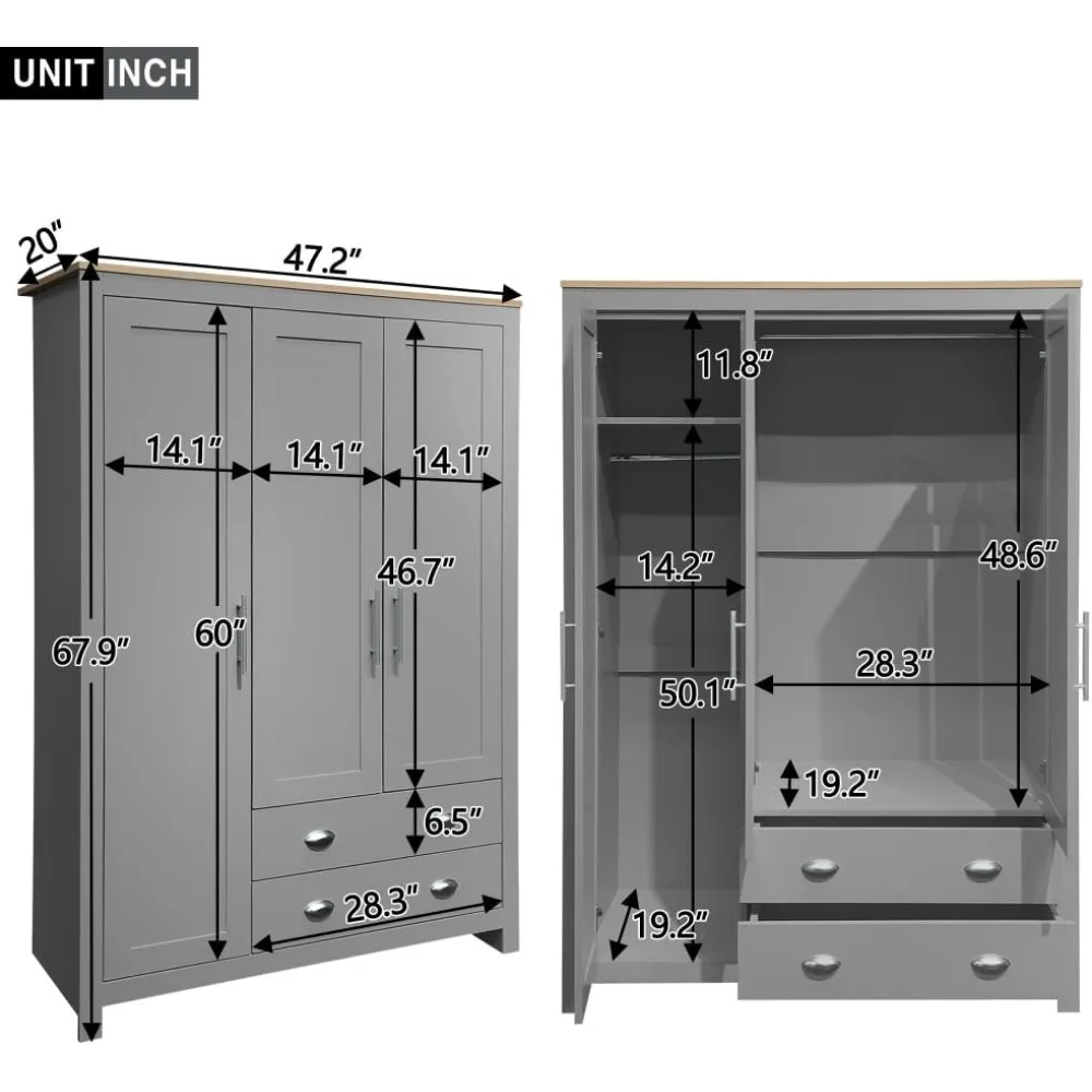 Wardrobe Closet, Three Door Modern Bedroom Storage Wardrobe Closet, with 2 Drawers and 2 Hanging Rods, Storage Cabinet