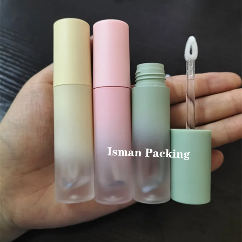 

50Pcs Round empty mini gradient green yellow lip gloss container frosted pink lipgloss packaging tubes with heart brush 3ml