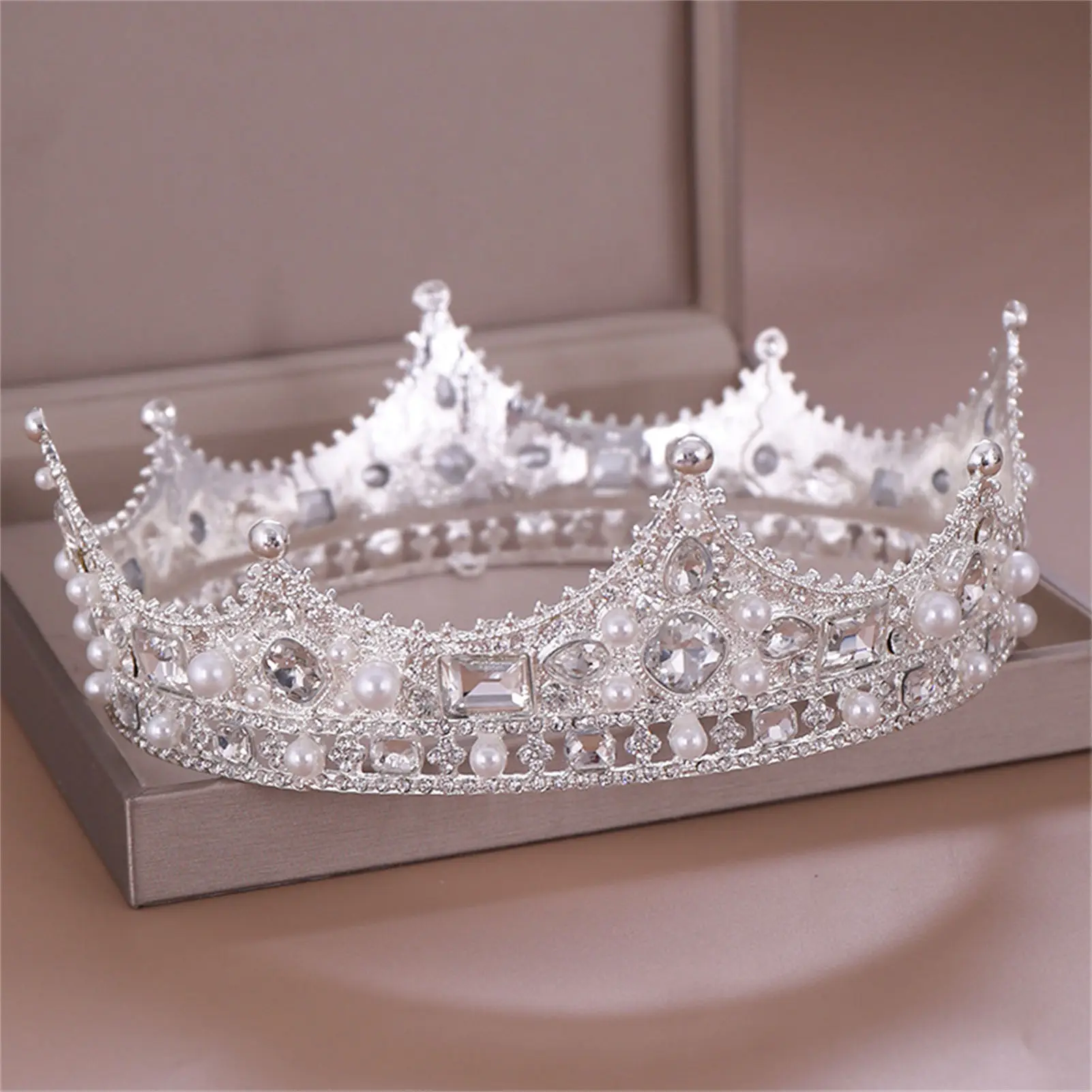 Legierung Krone Tiara Retro Braut Strass Runde Krone Perle Kristall Dekoration Für Hochzeit Braut Prom Party Haar Zubehör