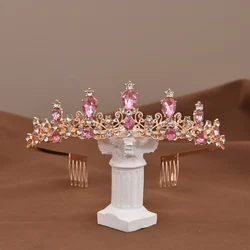 Princess Queen Crystal Crowns Rhinestone Tiaras Women Bride Pageant Prom Pink Color Diadem Wedding Party Hair Accessories