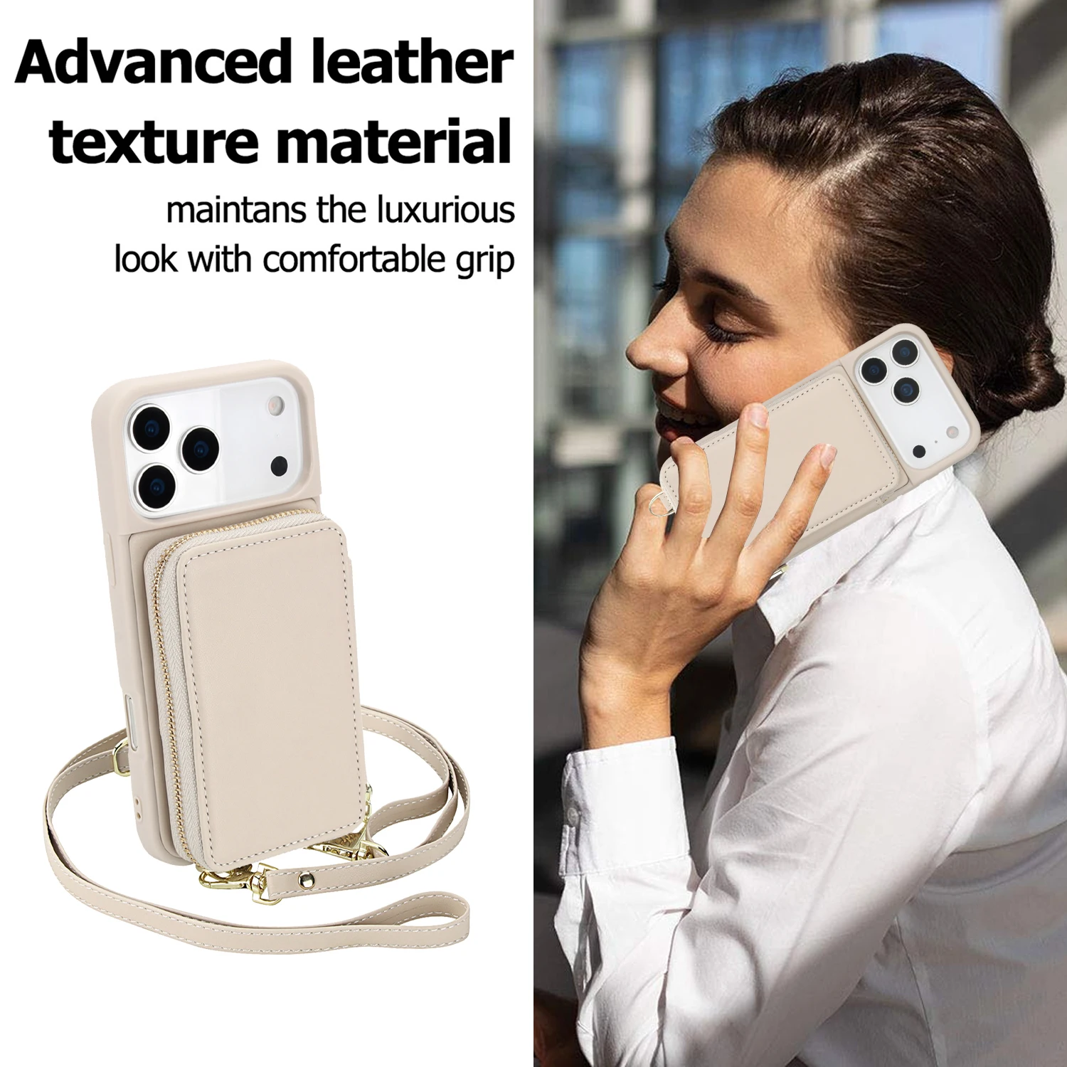 Etui na telefon z klapką, skórzane, z przegródką na karty, zapinane na zamek, do noszenia na ramieniu, z kieszenią RFID i paskiem, do iPhone 17 Pro Max 16 Plus 15 14 13 12 11 — zdjęcie produktu 5