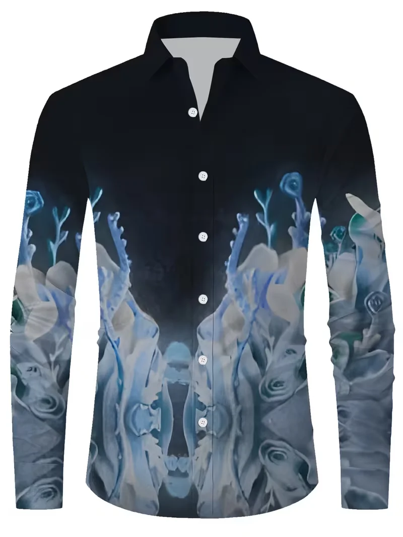 New Men's Flower Pattern 3D Printed Shirt with Butterfly High-Quality Casual Long Sleeved Shirt and Lapel Top