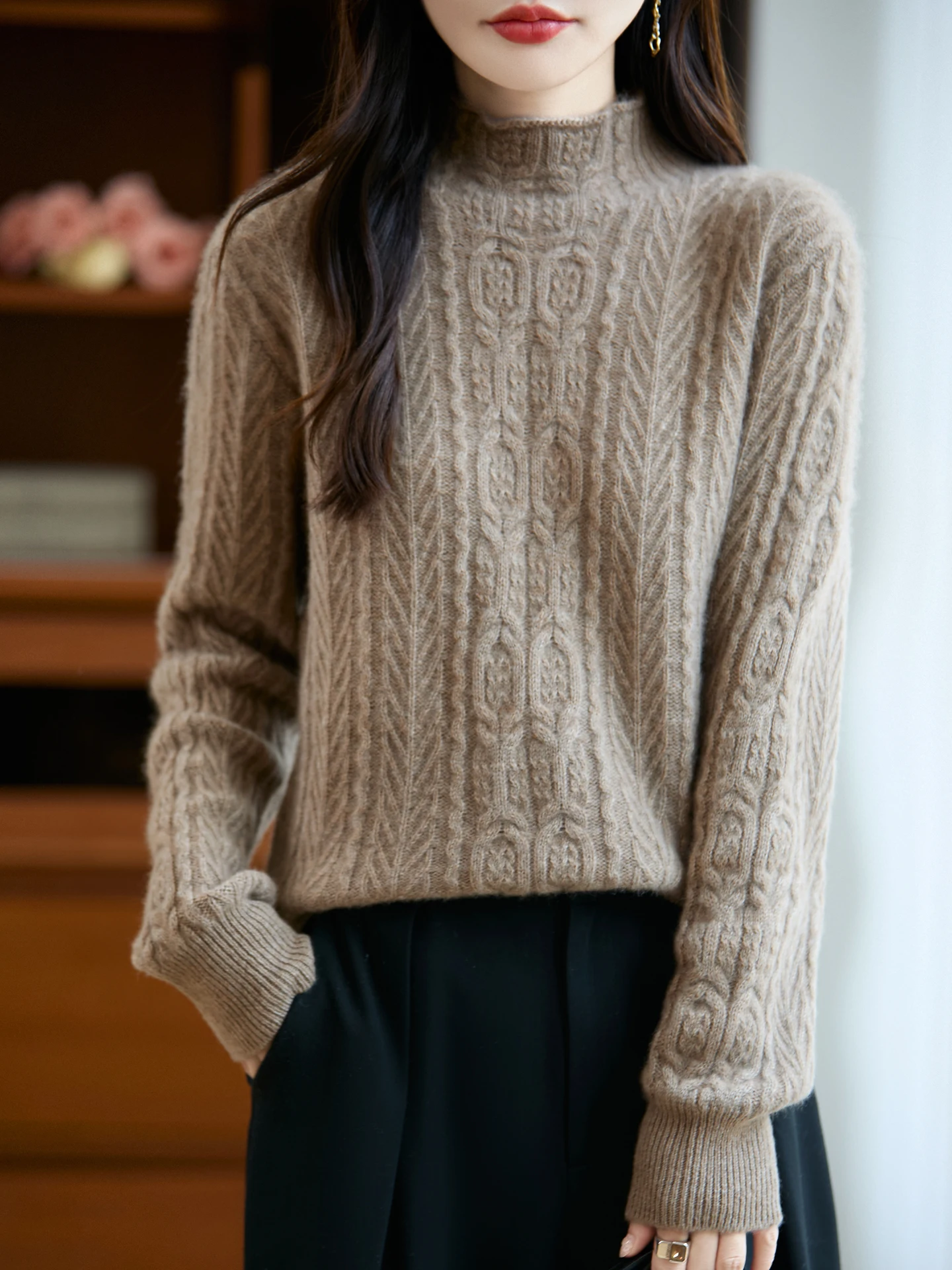 

Autumn Winter100% Merino Wool Women's Half High Neck Thick Casual Fashion Twisted Pattern Knitted Cashmere Sweater