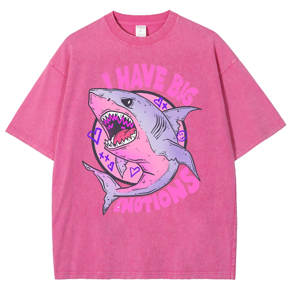 Women Vintage Washed Graphic T-Shirt I Have Big Emotions Shark Print Short Sleeve Loose Casual Aesthetic Grunge Tee Tops