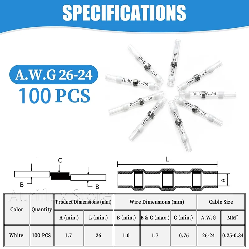 100pçs Conectores de Emenda com Solda Termorretrátil Brancos para Fios 26-24AWG - Terminais de Junção Estanques com Tubo de Estanho