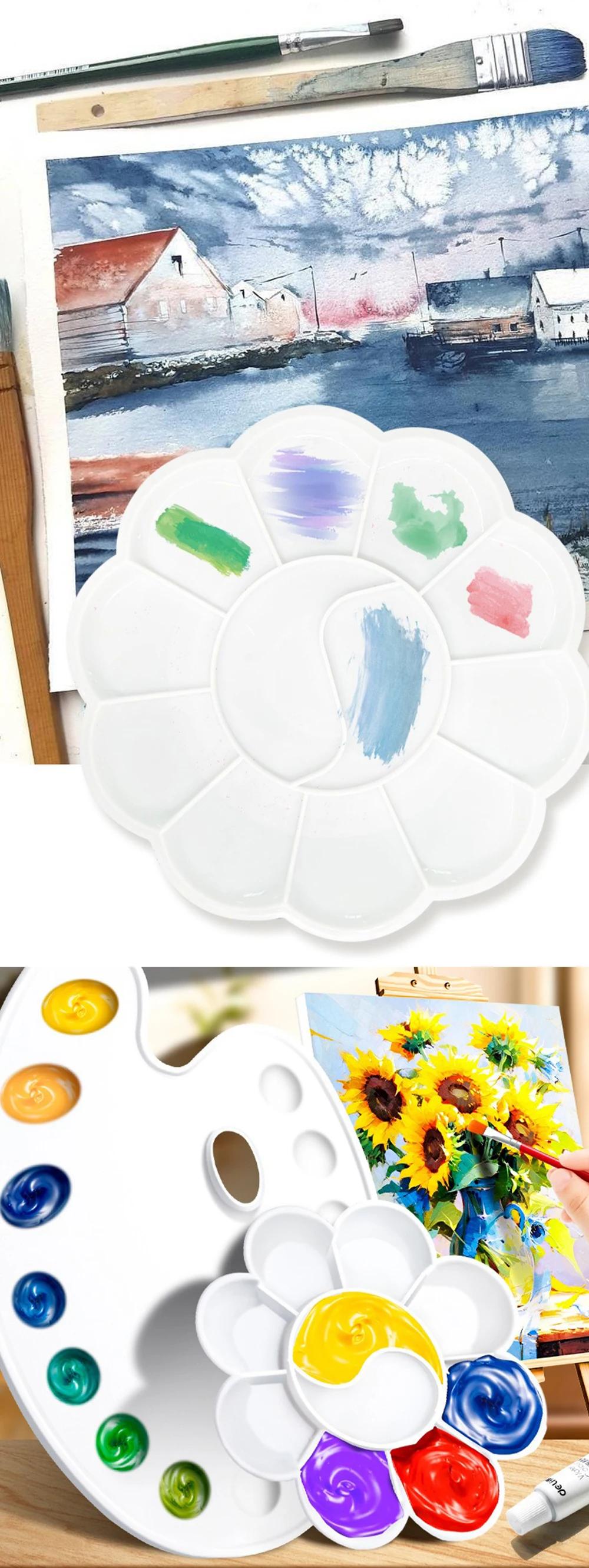 1PC Kunststoff Farbe Tablett Weiß Zeichnung Palette Blume Fuß Runde Platz Wiederverwendbare Aquarell Ölgemälde Palette Kunst Ausrüstung ZYF – Detail 2