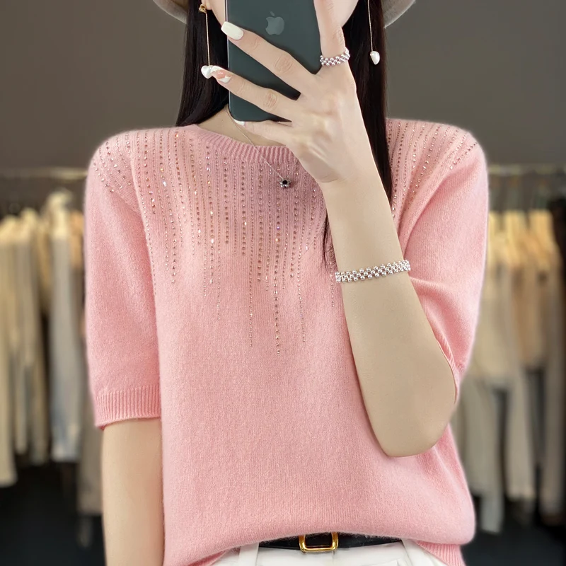 

First-line garments in spring and summer New exquisite diamond-encrusted round neck 100% pure wool short-sleeved blouse female