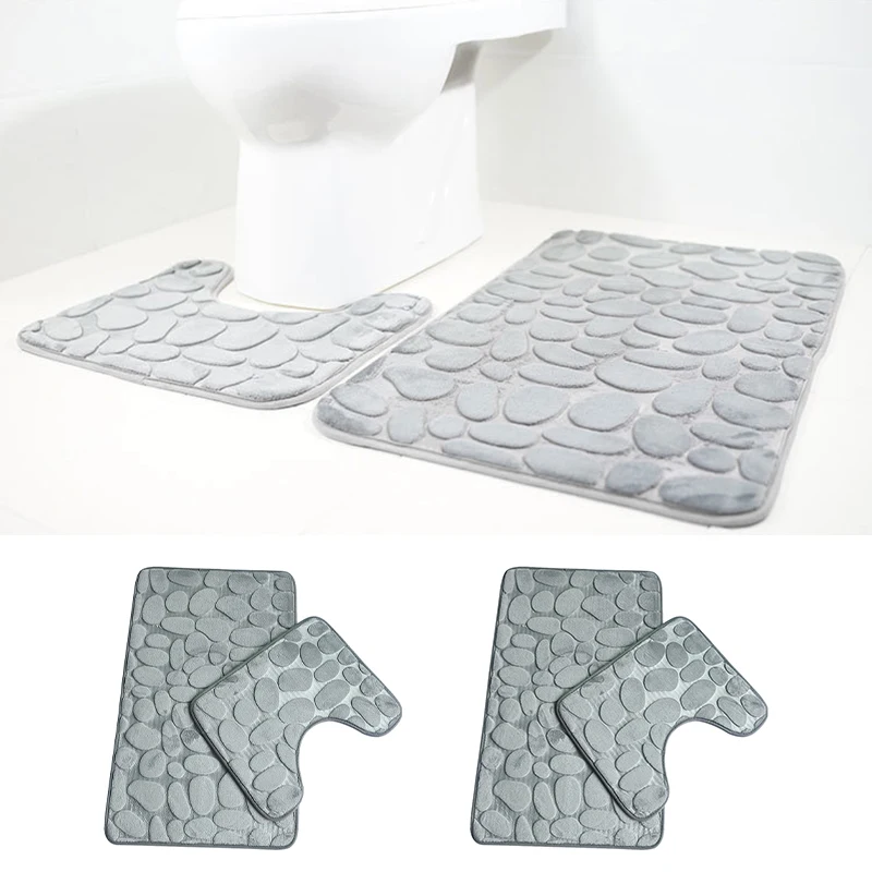 Non-Slip 50 x 80 cm Bath Mat and 50 x 40 cm Toilet Mat 2-Piece Bathroom Rug Set Soft Bath Mat with Cobblestone Pattern