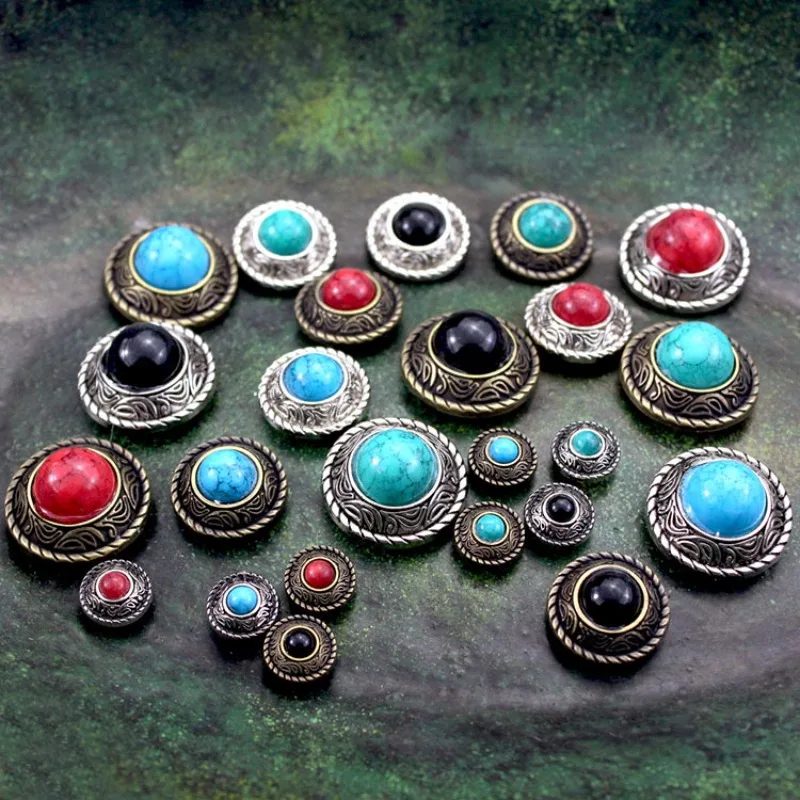 5 sztuk Retro imitacja turkusu okrągłe dekoracyjne guziki Concho odlewy metalowe Conchos śruba z powrotem DIY skórzane akcesoria rzemieślnicze