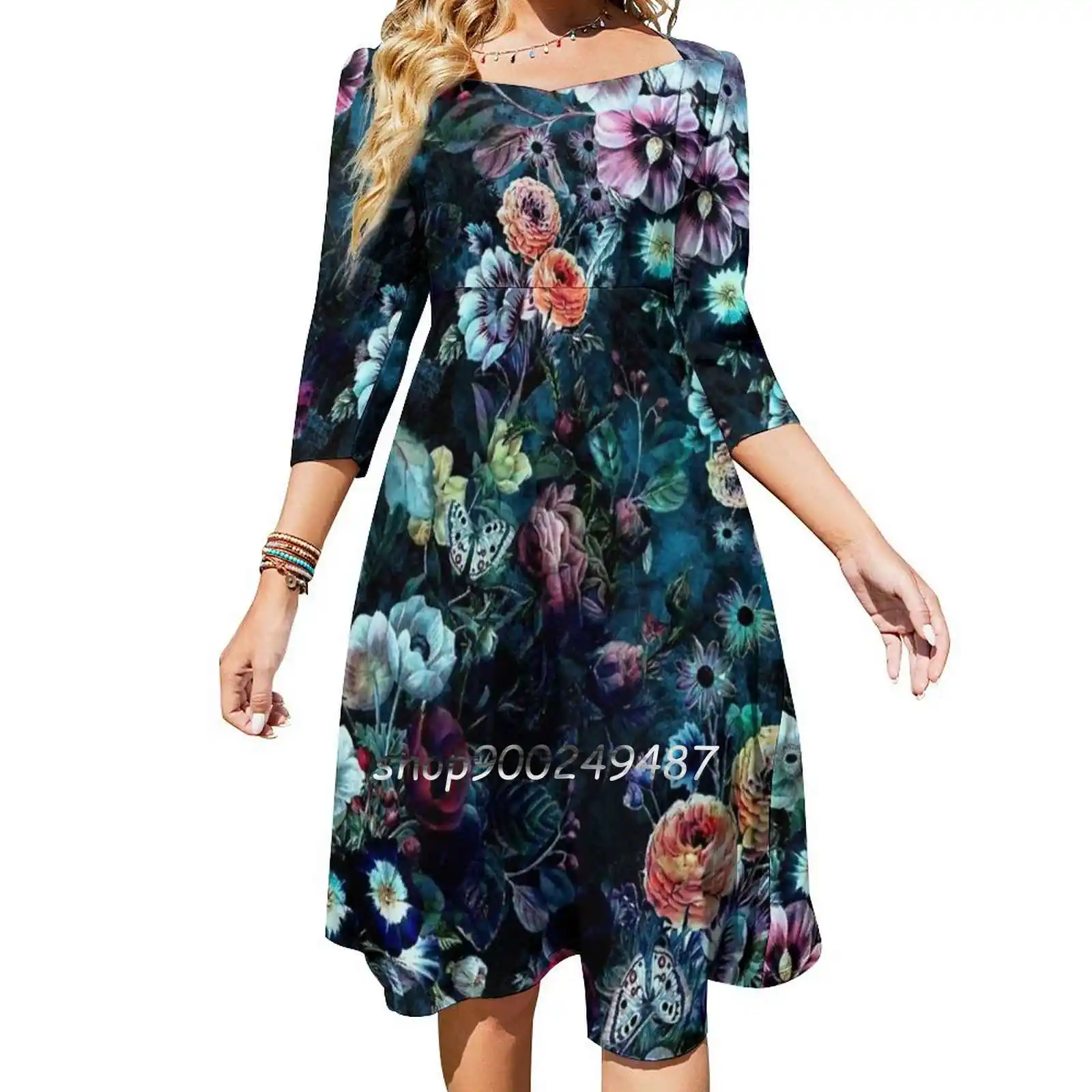 

Night Garden Square Neck Dress Cute Loose Print Dresses Elegant Beach Party Dress Floral Fashion Homedecor Interiordesig