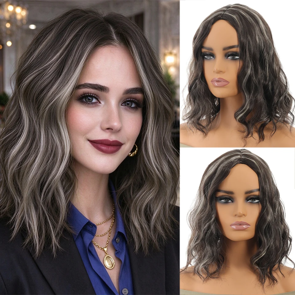 Synthetic 14 inch Water Splitting Wavy Wig Dyed Brown Mixed Blonde Shoulder Length Bob Wig short Rolled Women's Wig