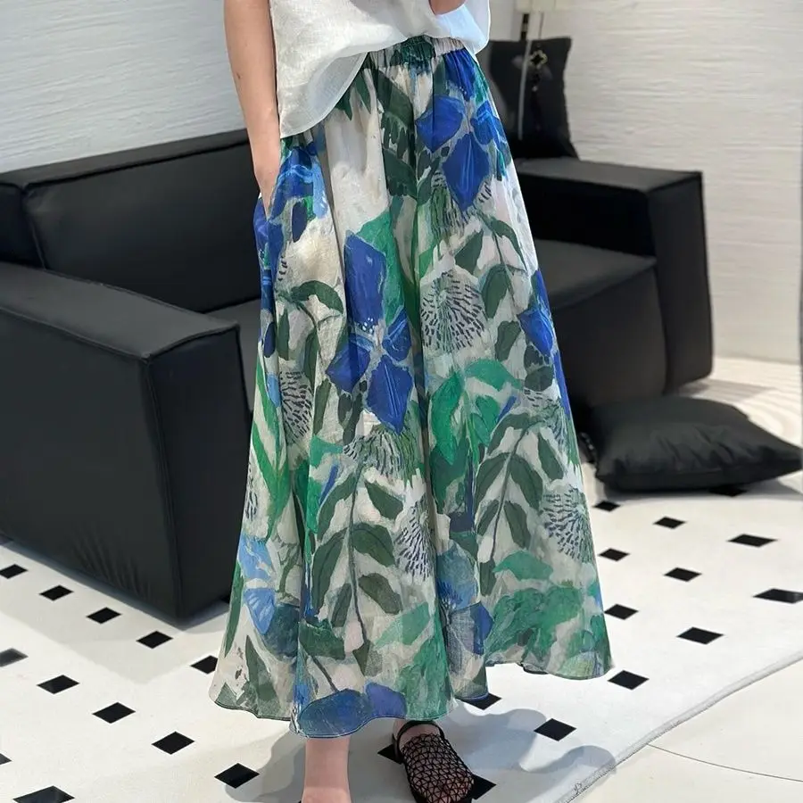 

French Retro High Waist Floral A Line Midi Skirt Slim Fit Elegant Summer New
