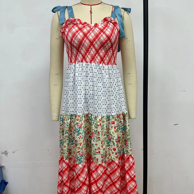 Retro ผู้หญิงฤดูร้อนชุดกระโปรงยาว Bohemian พิมพ์ชุดราตรี Sundress Casual หลวม Patchwork จีบ Maxi Dresses Vestido