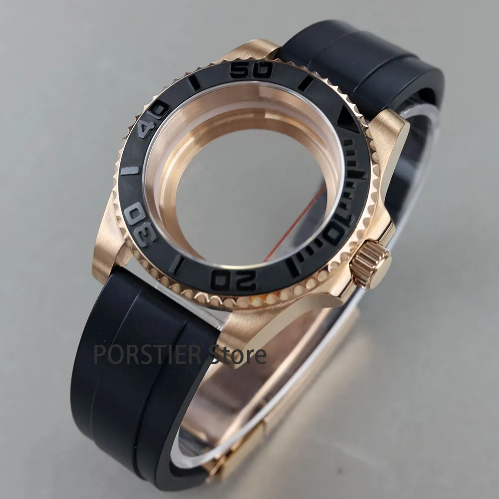High quality 40mm Rose Gold Men Watch Cases Rubber Strap For Seiko nh34 nh35 nh36 100m waterproof 28.5mm Dial YACHT-MASTER case