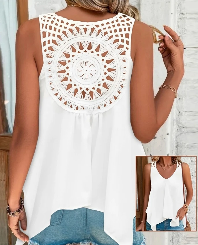 

Top Women 2024 Summer Fashion Crochet Lace Hollow-Out Asymmetrical Hem Casual V-Neck Plain Sleeveless Daily Tank Top