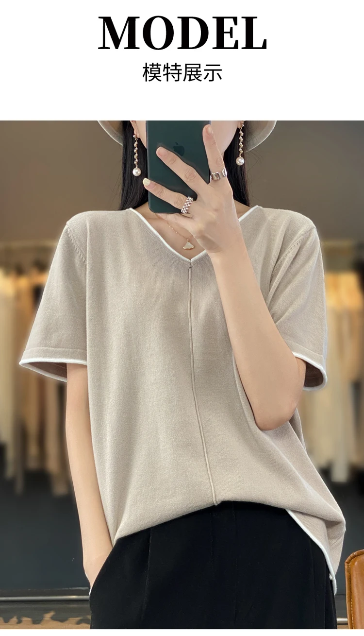 100% Cotton T-Shirt Women's V-Neck Pullover Short Sleeve Summer New Casual Knitting Loose Top Fashion Color Contrast T-Shirt
