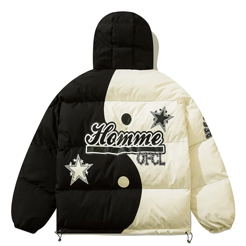 Jaqueta de Parka com capuz masculina, estampa de esqueleto Yin Yang, casaco acolchoado, Harajuku Hip Hop Streetwear, outwear solto de algodão quente, unissex