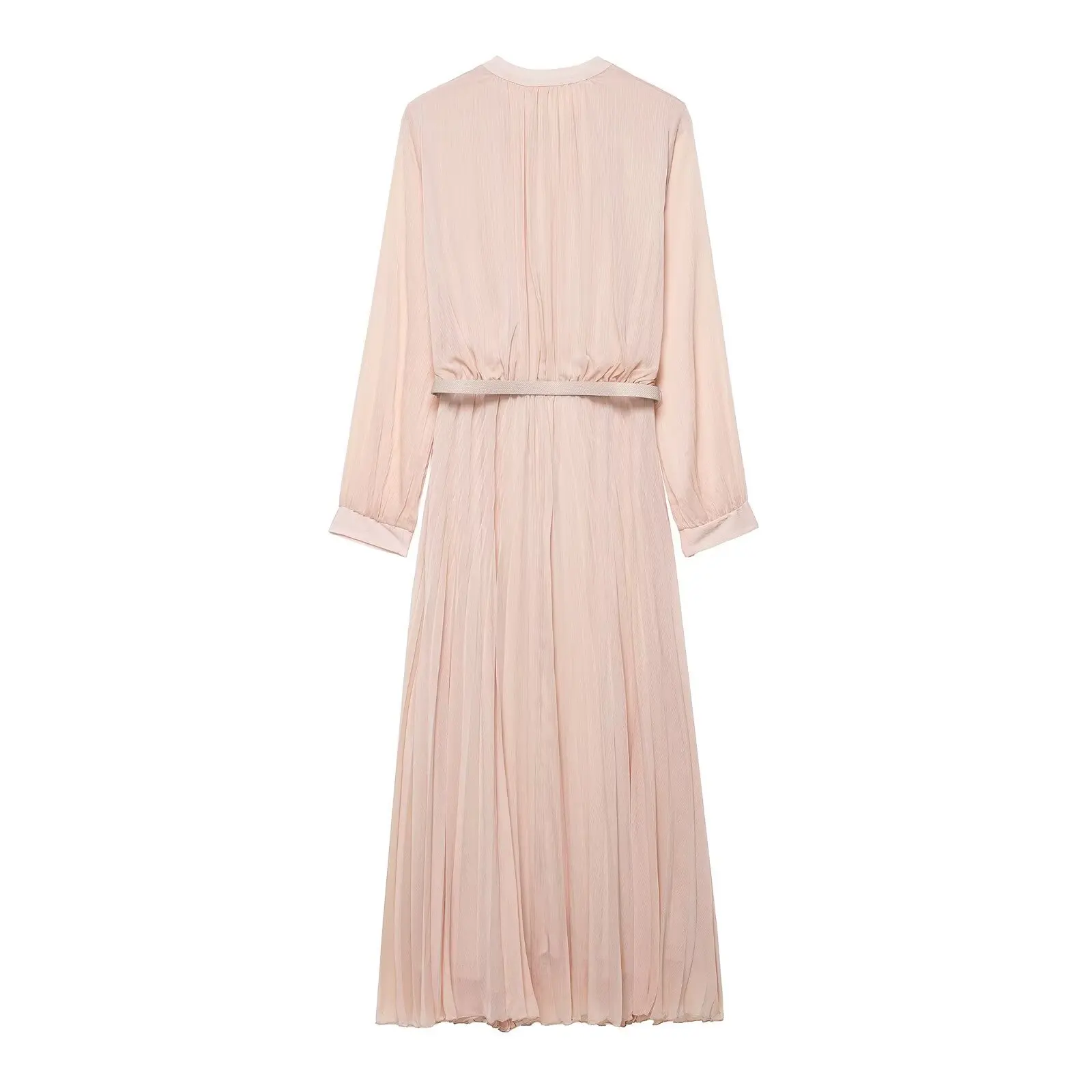 Women's Autumn Style European Temperament Simple with Waistband Pleated Color Blocking Elegant Round Neck Single Breasted Dress