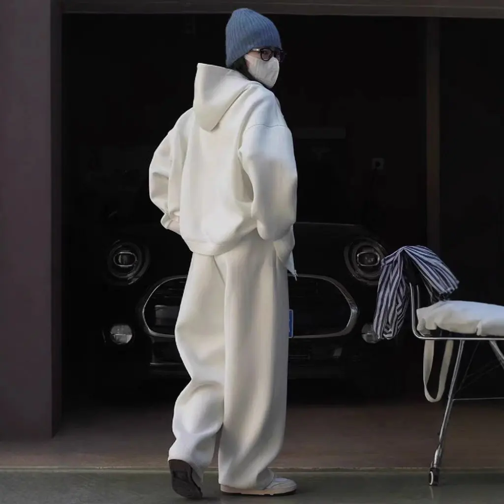 

Женский повседневный спортивный костюм из чистого хлопка, толстовка с капюшоном, куртка и широкие брюки, комплект из двух предметов, модная осень-зима