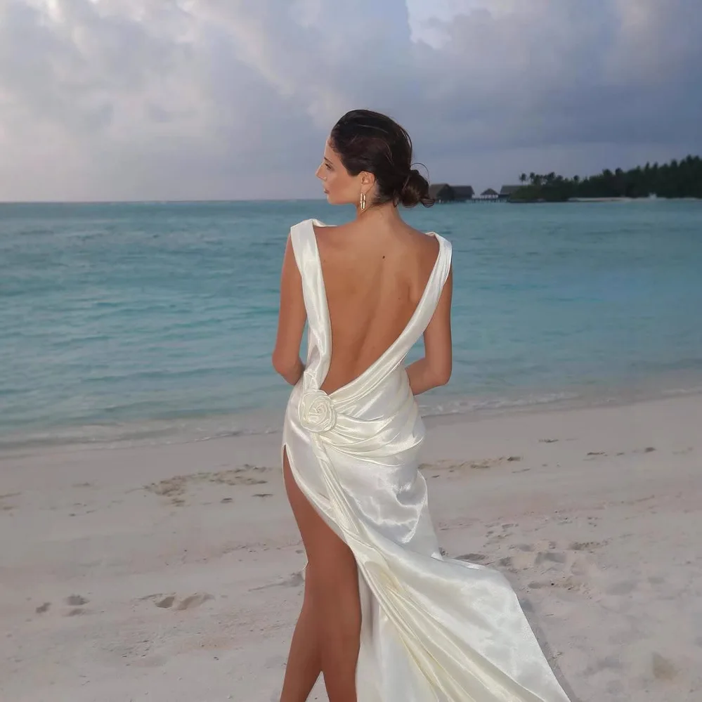 فستان ماكسي مثير بدون ظهر من الساتان للنساء 2025 ربيع ثلاثي الأبعاد زهرة عالية الانقسام أنيق رداء الشاطئ عطلة حفلة نادي ثوب #2