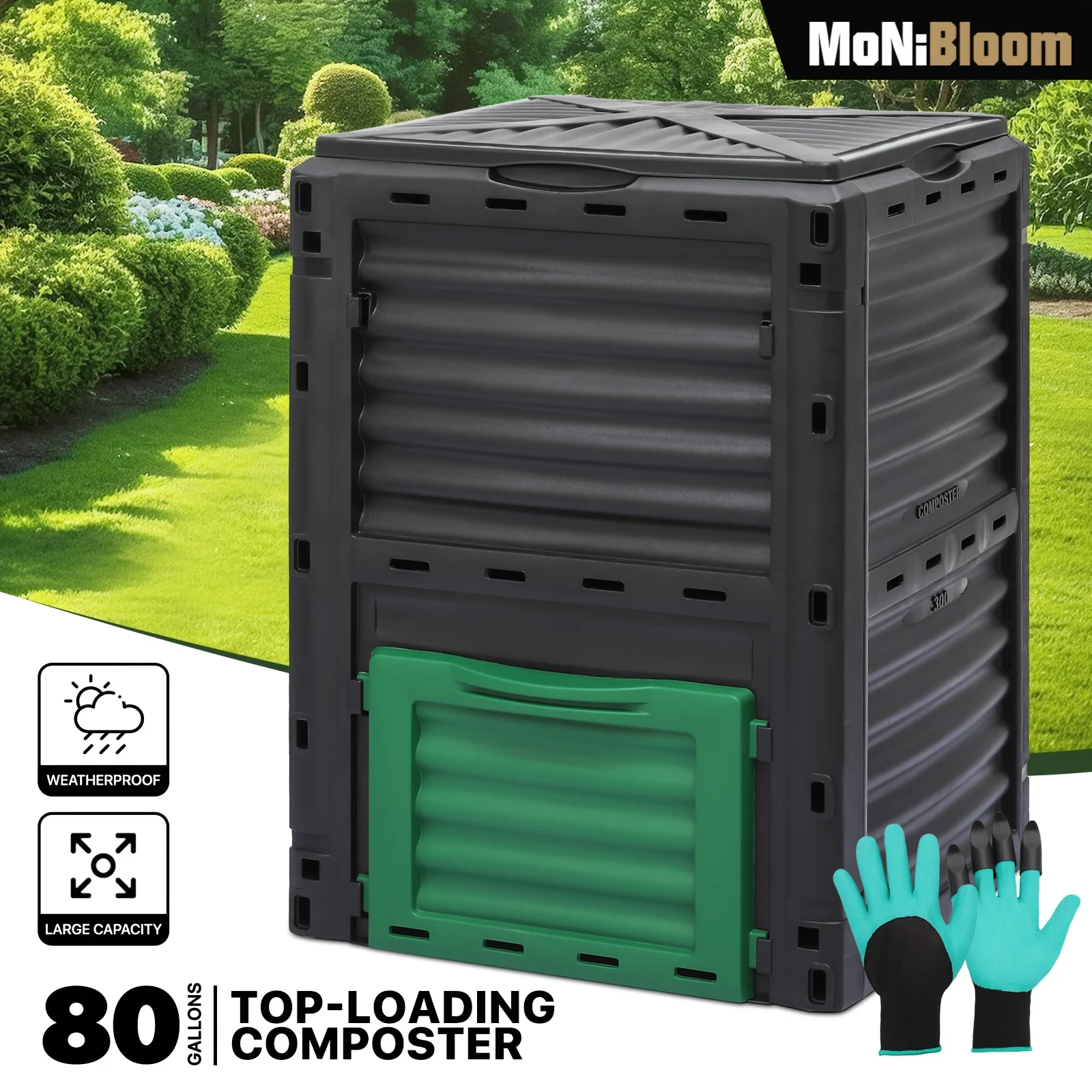 

Monibloom 80 Gallon Large Compost Bin, BPA Free Outdoor Tumblers for Garden Patio, All-Season Fast Working Rotating Chamber Comp