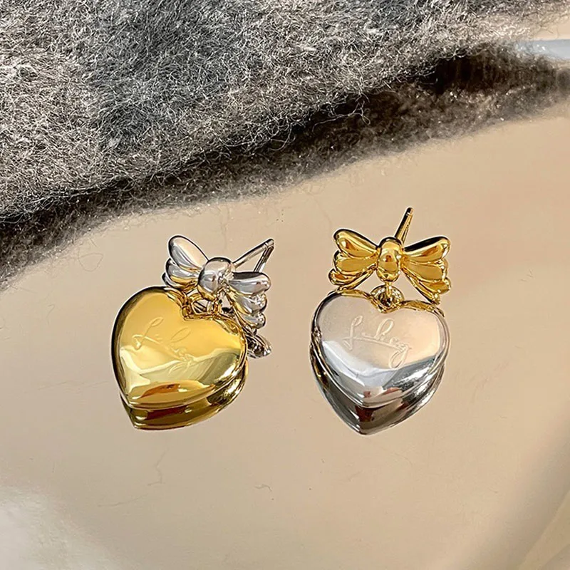 Two tones heart bowknot earrings for women cute kawaii minimalist earrings luxury designer jewelry 2023 new