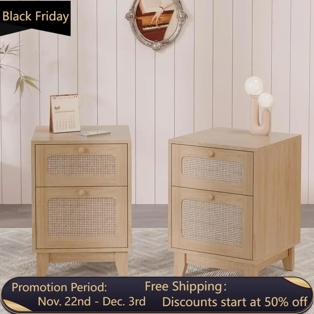 

Modern wicker and rattan bedside table 2-piece set with drawers and storage space,suitable for small spaces and easy to assemble