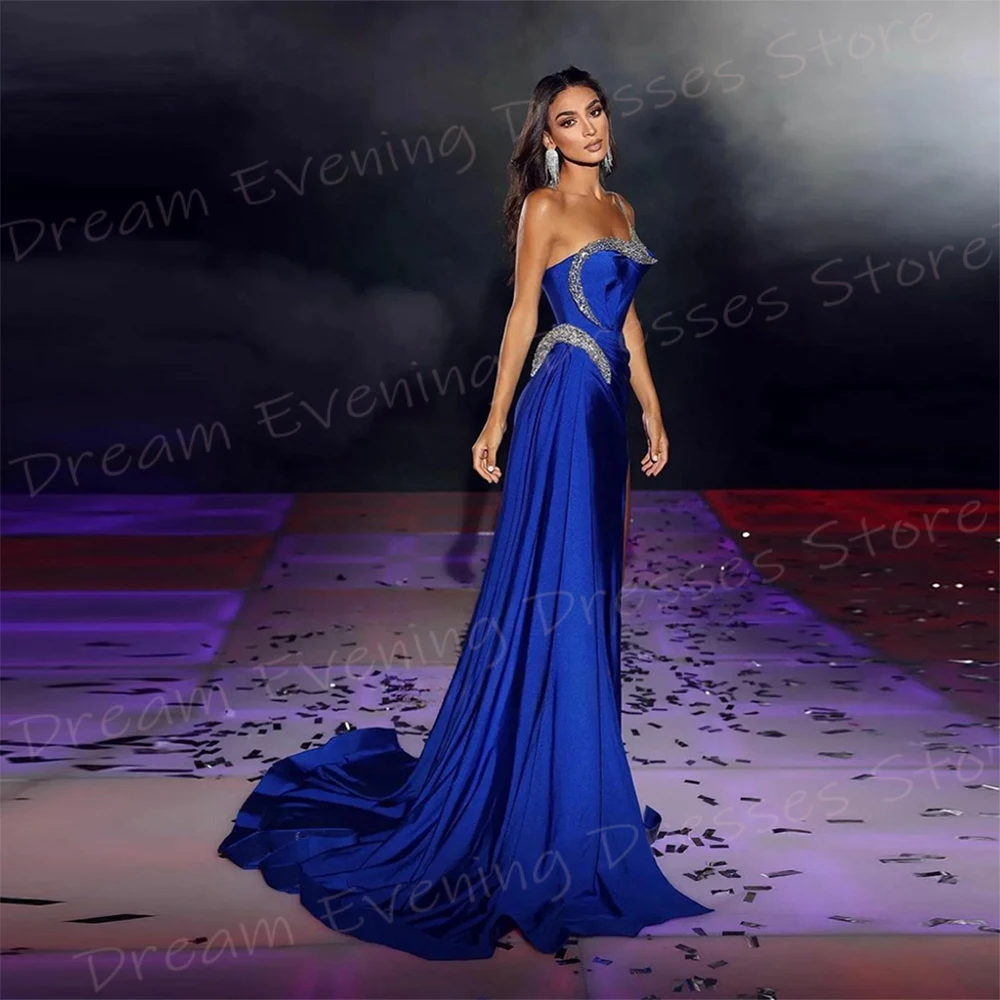 Beautiful Blue Mermaid Charming Women's Evening Dresses Modern One Shoulder Prom Gowns Sexy Side Split Beaded Vestido De Noche