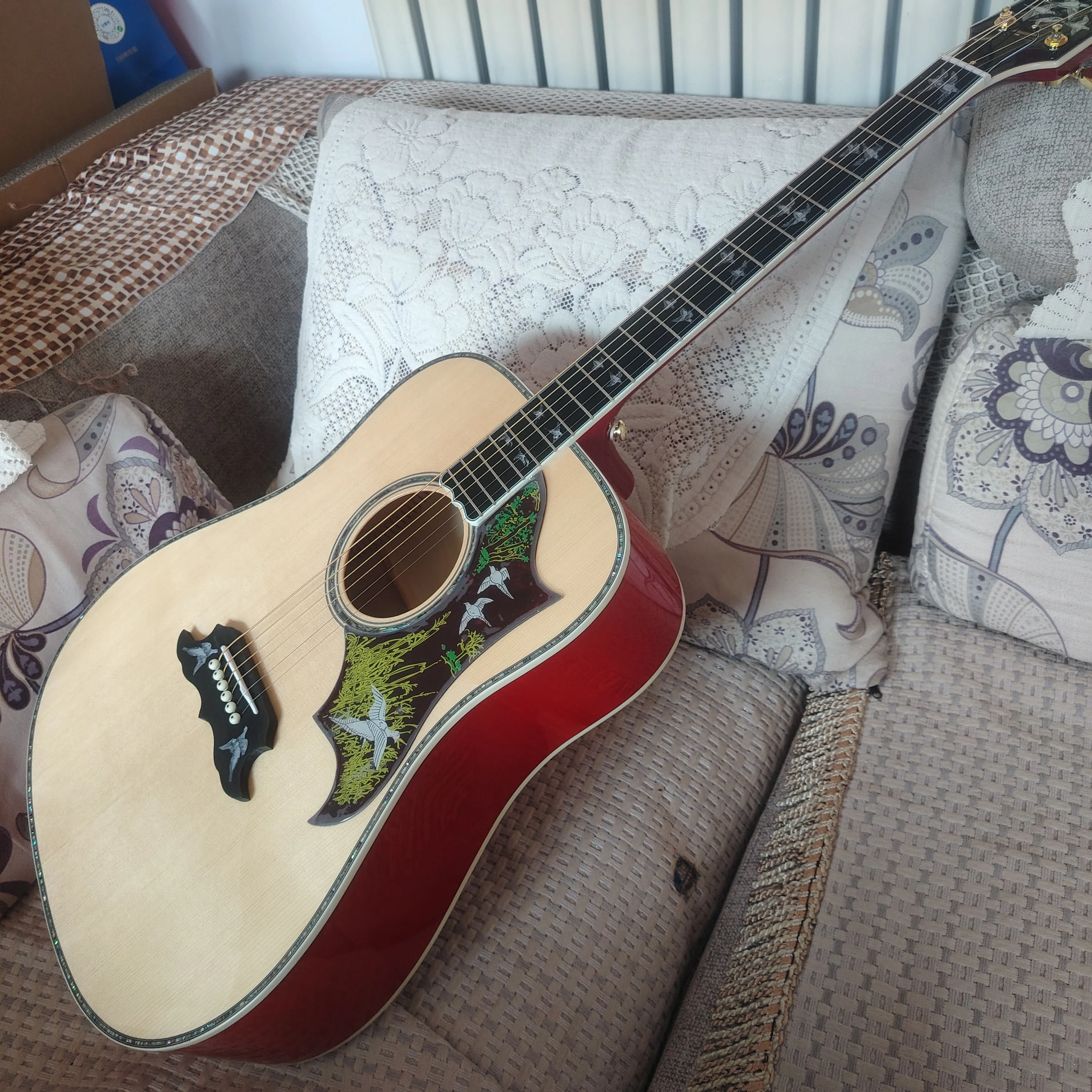 High Quality Pigeon Flock Inlaid Acoustic Folk Guitar In Stock, Flame Maple Top, Fast Delivery From Local Warehouse In The United States view 3