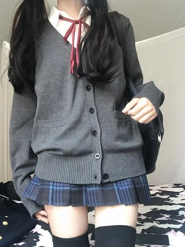 سترة طويلة محبوكة متعددة الاستخدامات فضفاضة من Sve V-Ne سترة نسائية يابانية Sle JK للخريف والشتاء وصل حديثًا للكلية Sle