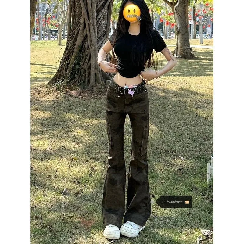 

High Street Faion Multi-ket Bell Bot Jeans Women's Autumn New Sle Versatile Slimming Workwear Cotton Denim Pants