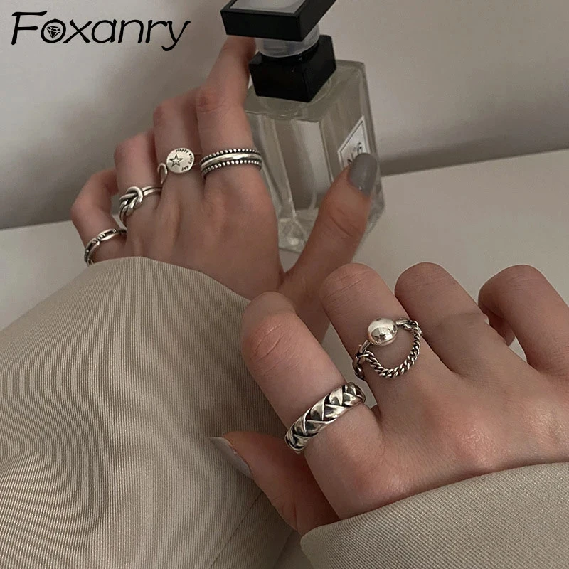 FOXANRY Silver Color Rings Fashion Couples Hip Hop Vintage Simple Geometric Design Thai Silver Party Jewelry Wholesale