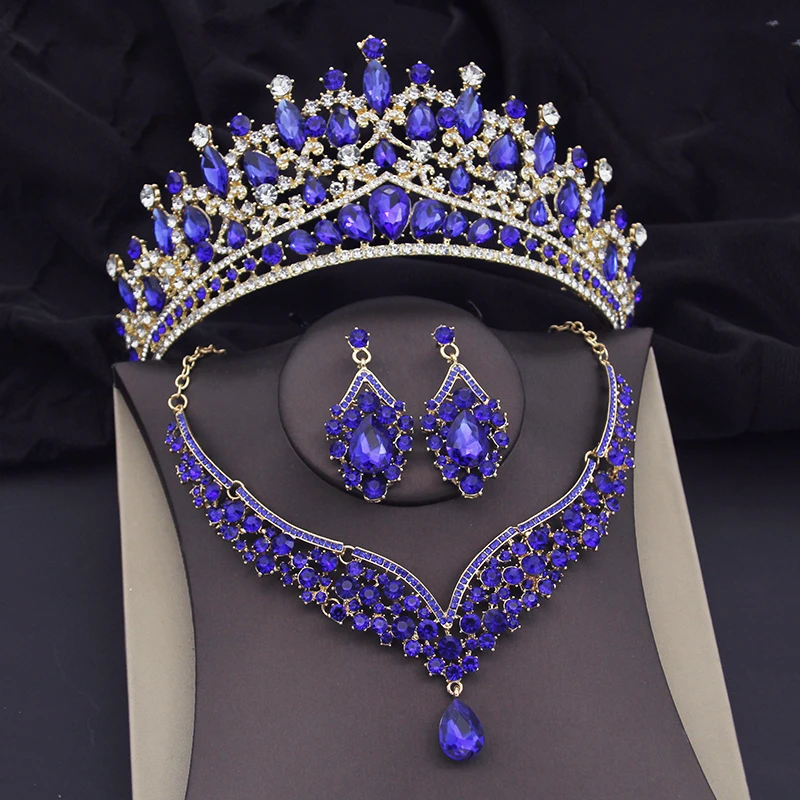 

Luxury Blue Crystal Bridal Jewelry Sets for Women Tiaras Earring Wedding Set Birthday Crown Bride Necklace Dubai Jewelry Set