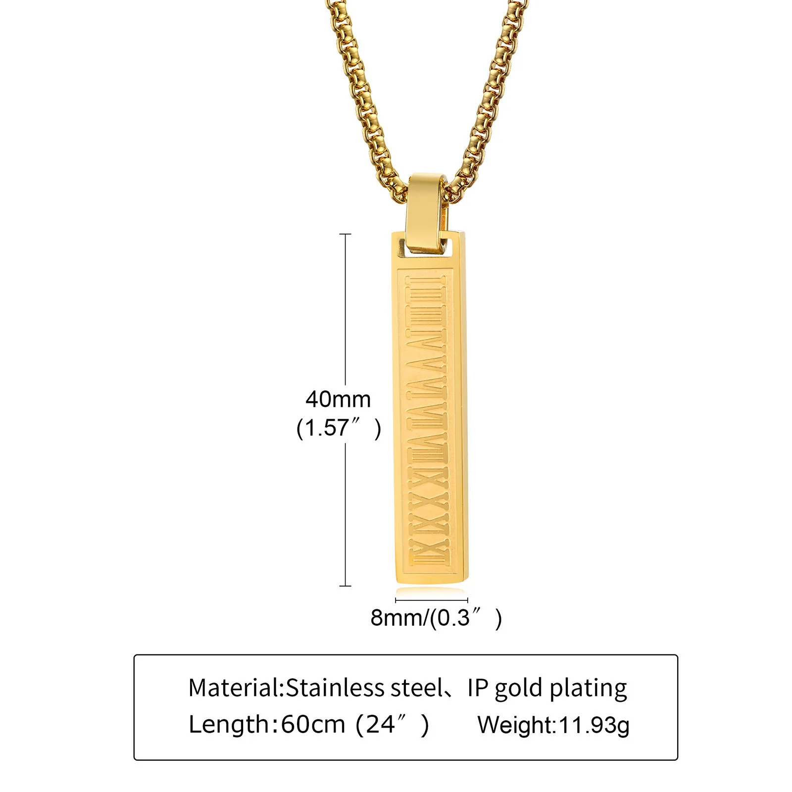 

Stainless steel Roman Numeral Retro Three-dimensional Rectangular Strip Pendant Necklace Gift for Women/Men Religious Jewelry
