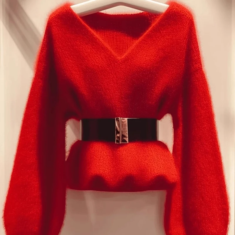 Pullover Knitt Sweater Women Long-sleeved V-neck Lady Red Chic Outwear 2025 Elegant Autumn Winter Fashion Slim Soft Waxy Top Y2K