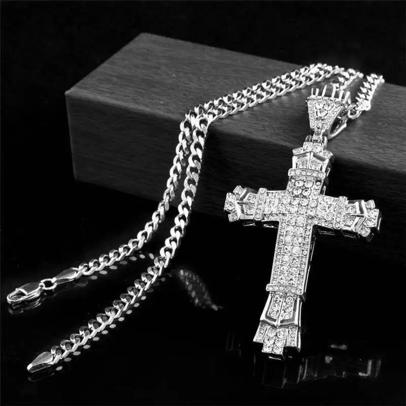 1 Simple Style Men Rhinestone Christian Cross Rhinestone Pendant Necklace Personality Fashion Street Domineering Chain Jewelry