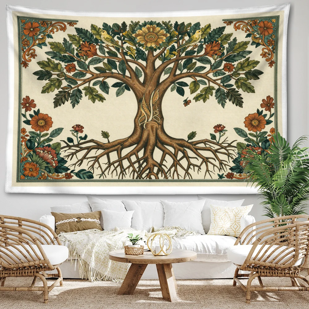 Ivory Tree Of Life Floral Symmetry Printed Tapestry Wall Hanging Bohemian Style Bedroom Home Decor
