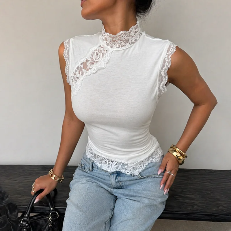 TARUXY Sexy Lace-Paneled T-Shirt Women Solid Slim Openwork Stand Collar Commuter Tops 2026 Summer Casual Fashion Female T-Shirt