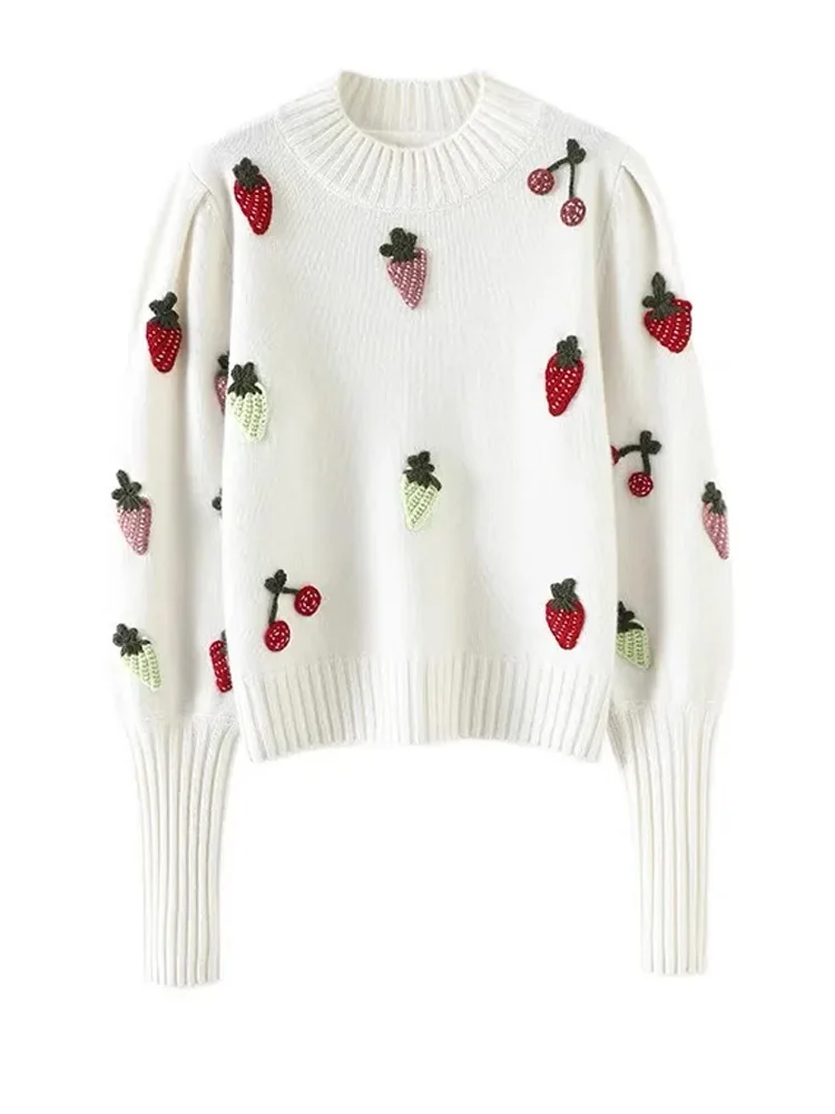 Strawberry Crochet Knit Sweater Pullover Women Half High Collar Long Sleeve Tops Knitwear 2024 Spring Stylish Fashion Chic Jumpe