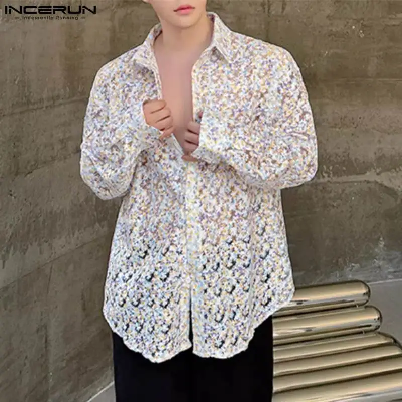 INCERUN-Camisa de manga larga con solapa estampada para hombre, ropa de calle informal, holgada, transparente, a la moda, S-5XL, 2024