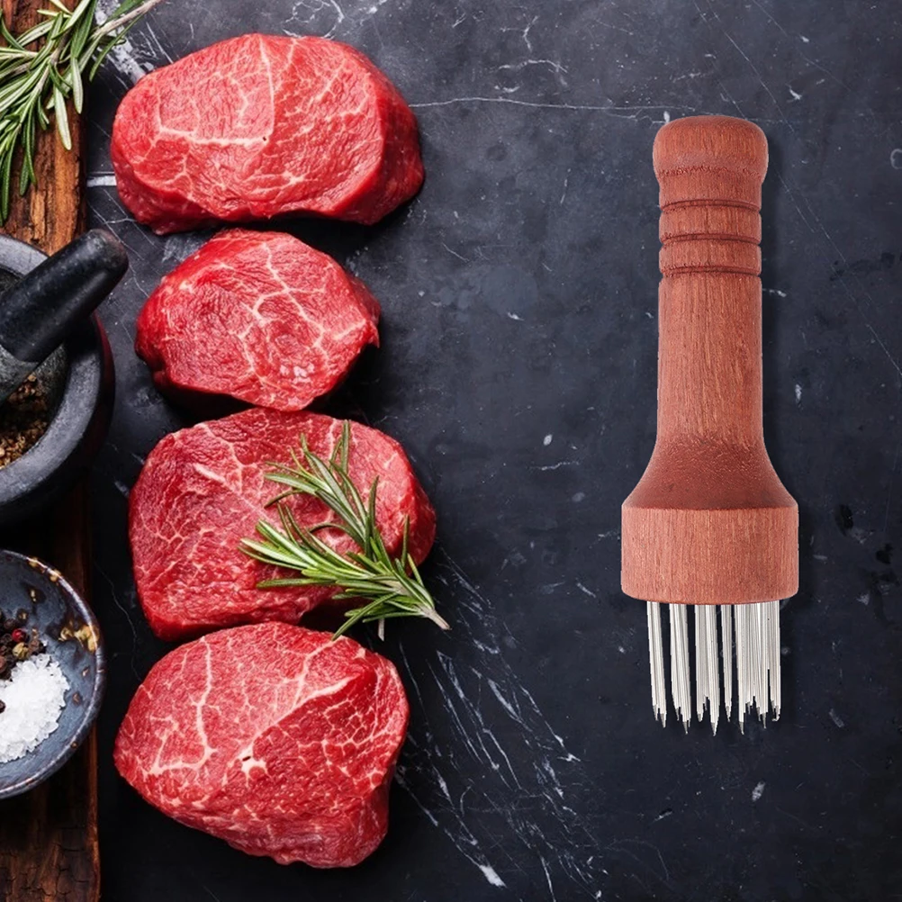 

2 pcs Stainless Steel Needle Meat Tenderizer Wooden H Tool for Steak Pork Mallet Manual Puncher Kitchen Gadgets