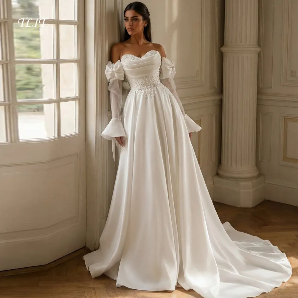 TLIT Luxury White Silk Satin Wedding Dress Customized Sweetheart Sweep Train Beaded Pearl A-Line Tulle Cuff Bow Decoration Gown