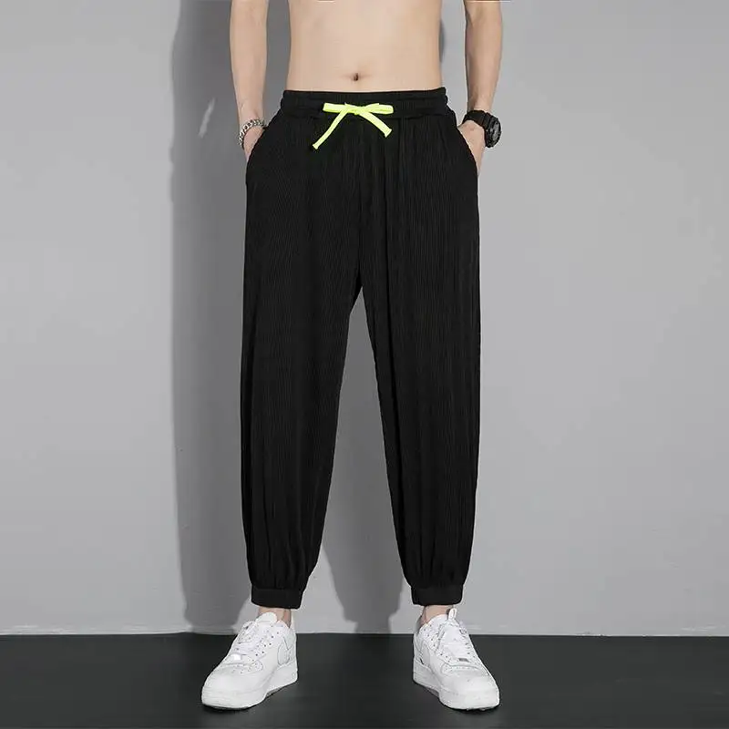 

Summer Thin Ice Silk Drape Large Size Casual Pants Men Loose Hong Sle Simple High Street Korean Version Nine Point Cuffed