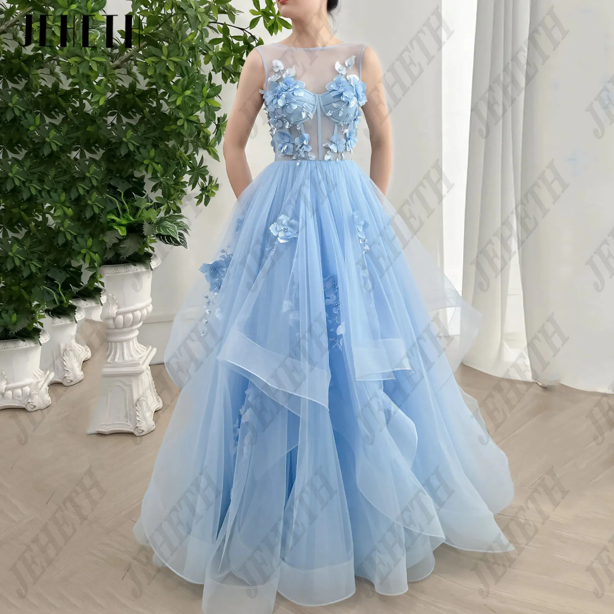 JEHETH 3D Flowers Prom Dresses Tiered Tulle Sky Blue Party Gowns For Woman Backless A-Line vestidos de ocasião Scoop Neck