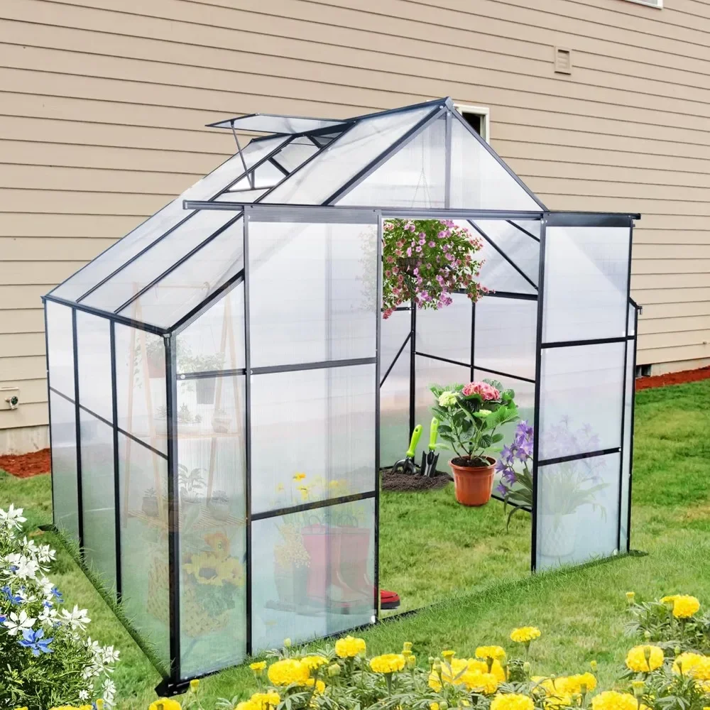 

8x6 FT Greenhouse with Adjustable Roof Vent, Double Sliding Doors, Outdoor Heavy Duty Aluminum Polycarbonate Greenhouse