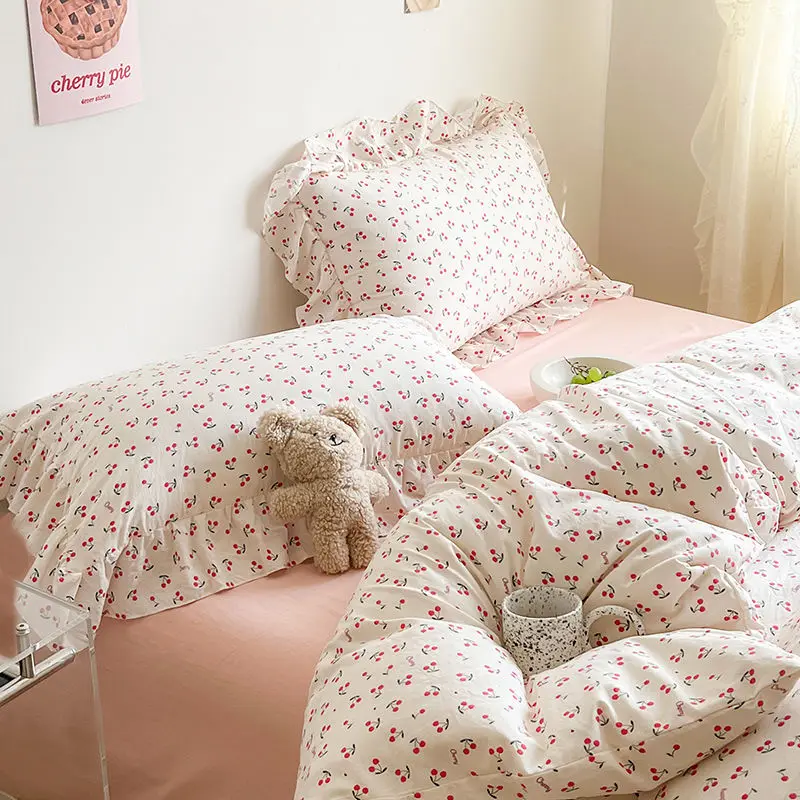 Imagem -02 - Conjunto de Cama de Camada Dupla Coração Cereja para Meninas Ins Duvet Yann Pink Lavagem Simples Lençol de Algodão Lençol