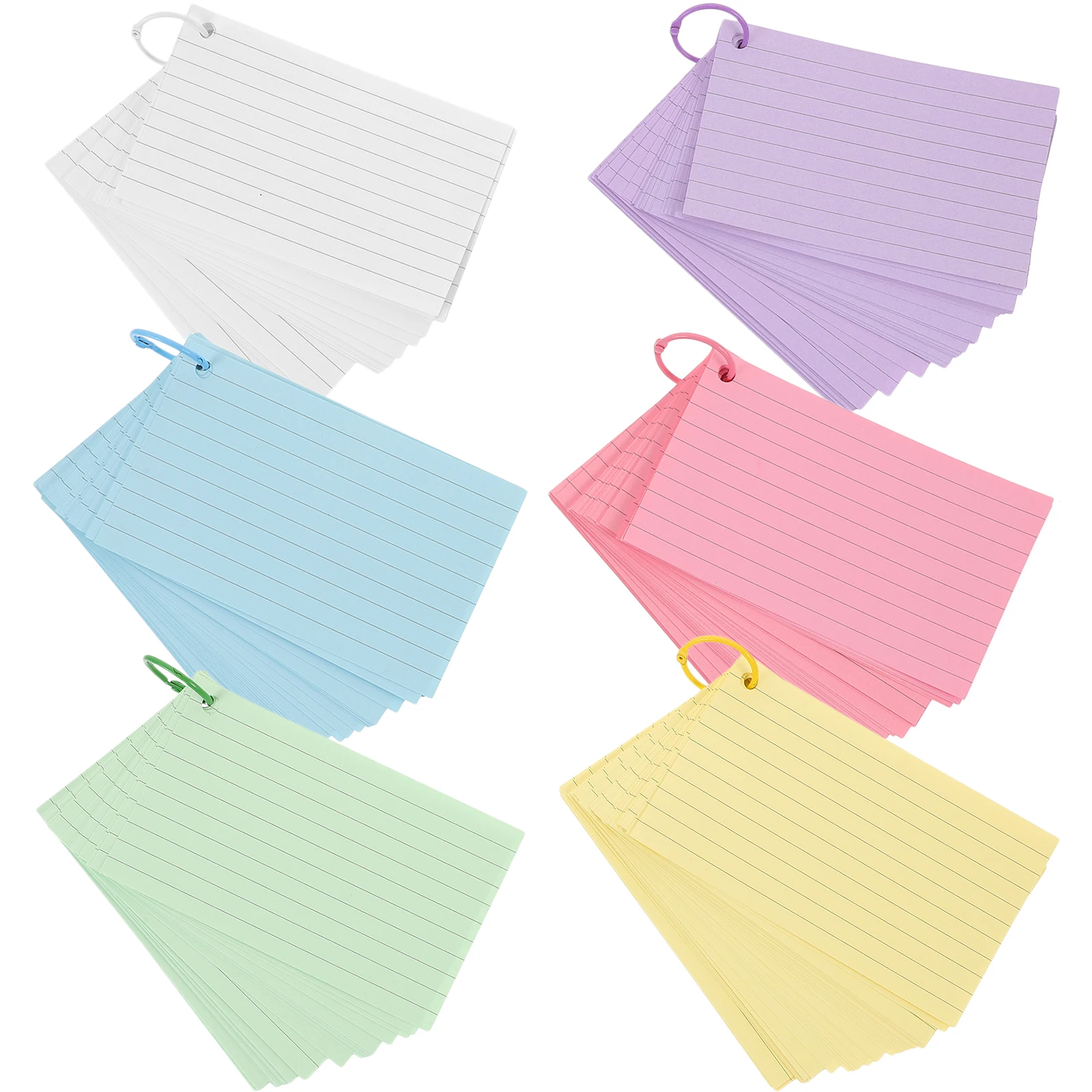 1 set 6 Color Hole Punch Index Cards Colored Lined Note Cards With Metal Rings Portable Blank Flashcards Memo Pad Pocket