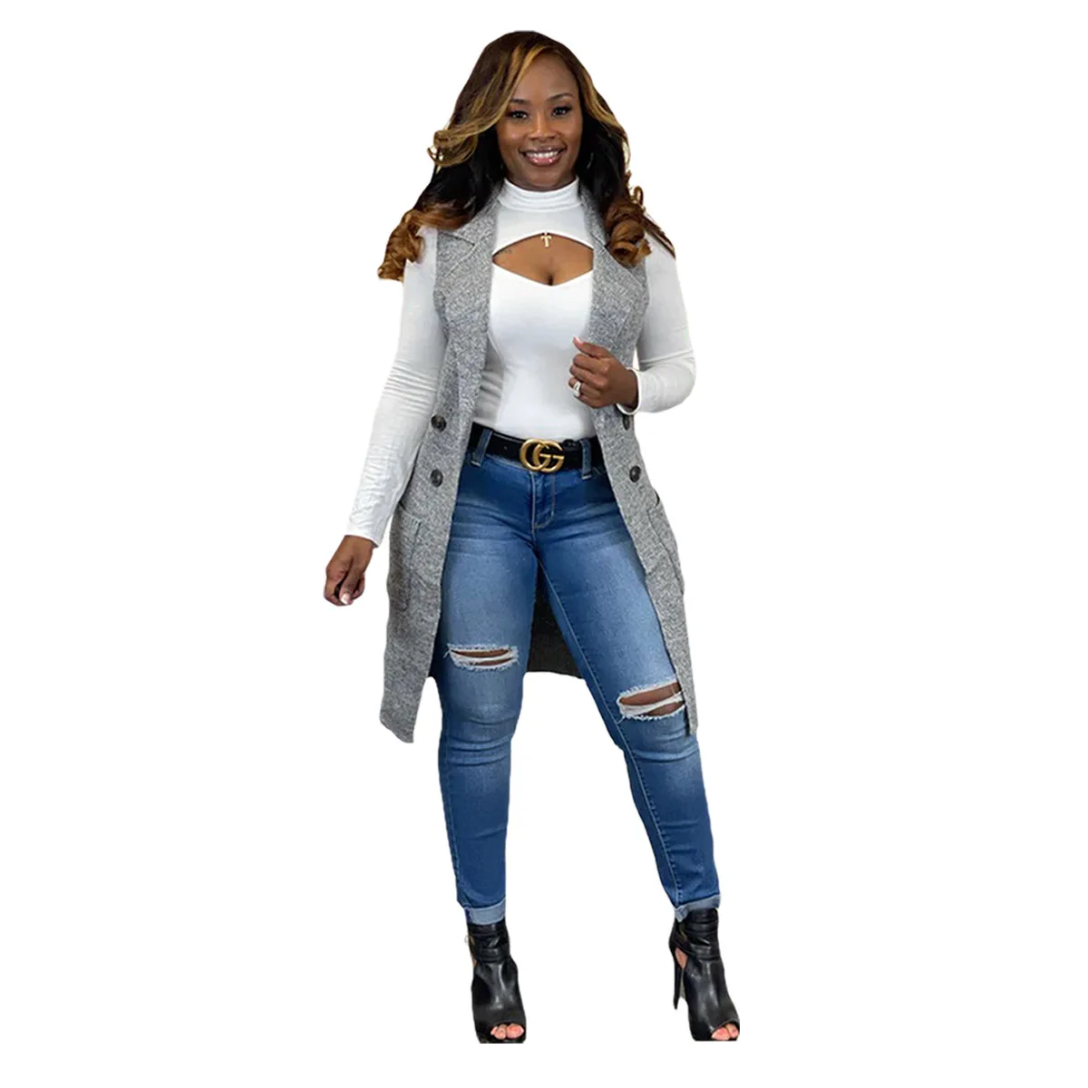 

New European and American Style Women's Casual Solid Color Cardigan Sleeveless Knitted Vest